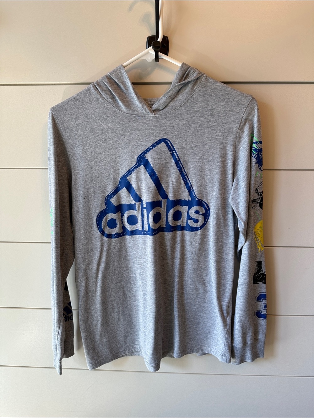 adidas Kids Gray Hooded Long Sleeve Tee with Blue Logo